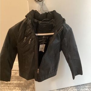 Boys Faux Leather Jacket with Fleece Hoodie
